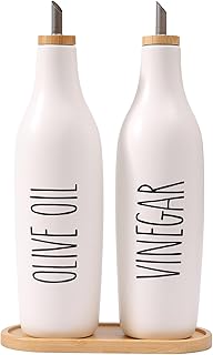 HOMCDALY Olive Oil and Vinegar Dispenser Set, 16oz Ceramic Oil Dispenser for Kitchen, Kitchen Dispenser Bottle for EVOO Vinegar Syrups, Modern Farmhouse Design | Set of 2 – P-White