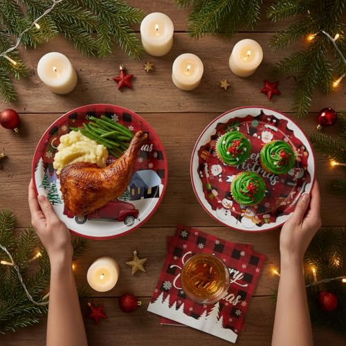 Christmas 9 Inch & 7 Inch Party Plates and Napkins Set – Buffalo Plaid Red Truck Disposable Paper Dinner Plates Dessert Plates Napkins for Holiday Dinner Xmas Party Supplies Decorations, Serves 20 – Image 8