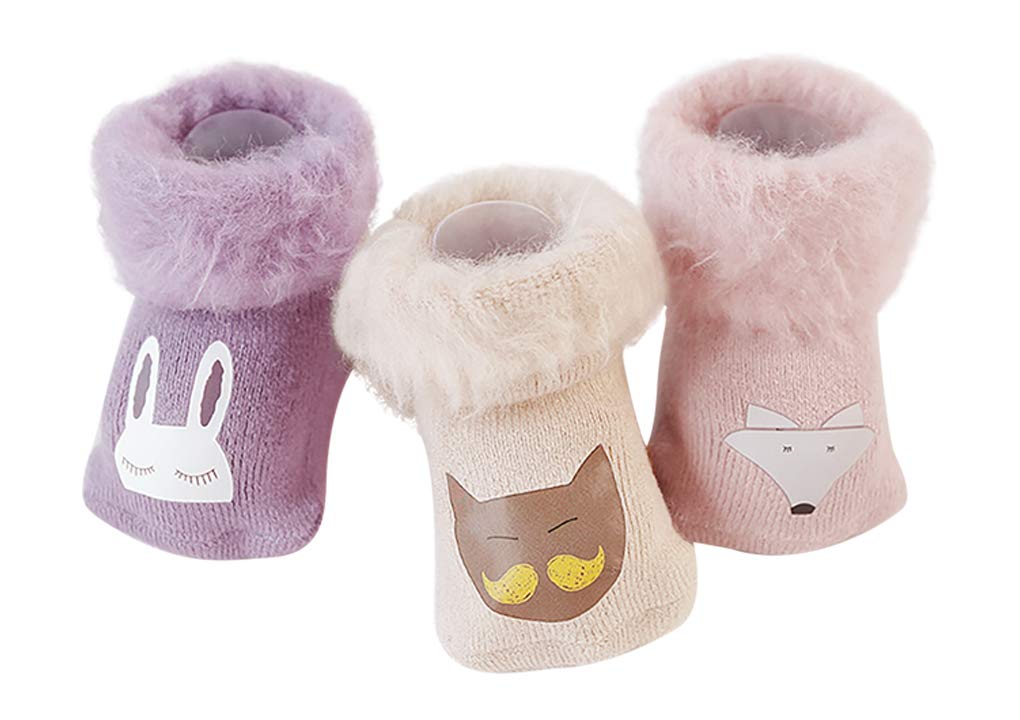 FakeFace 3 Pairs Toddlers Kids Socks Cartoon Winter Thermals Elastic Socks Warm Wool Lined Insulated Thick Knitted Socks Floor Socks Winter For Children 2-4 Years Old Xmas Gift