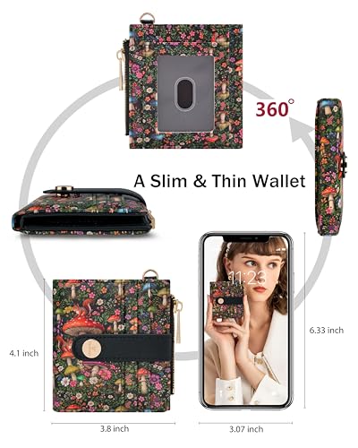 Image of Keychain Wallet Wristlet for Women,RFID Small Mushroom Wallet | Wallet Wristlet with Zipper Coin Pocket,Vegan Leather Card Wallets for Women, 2 ID Window,Gift