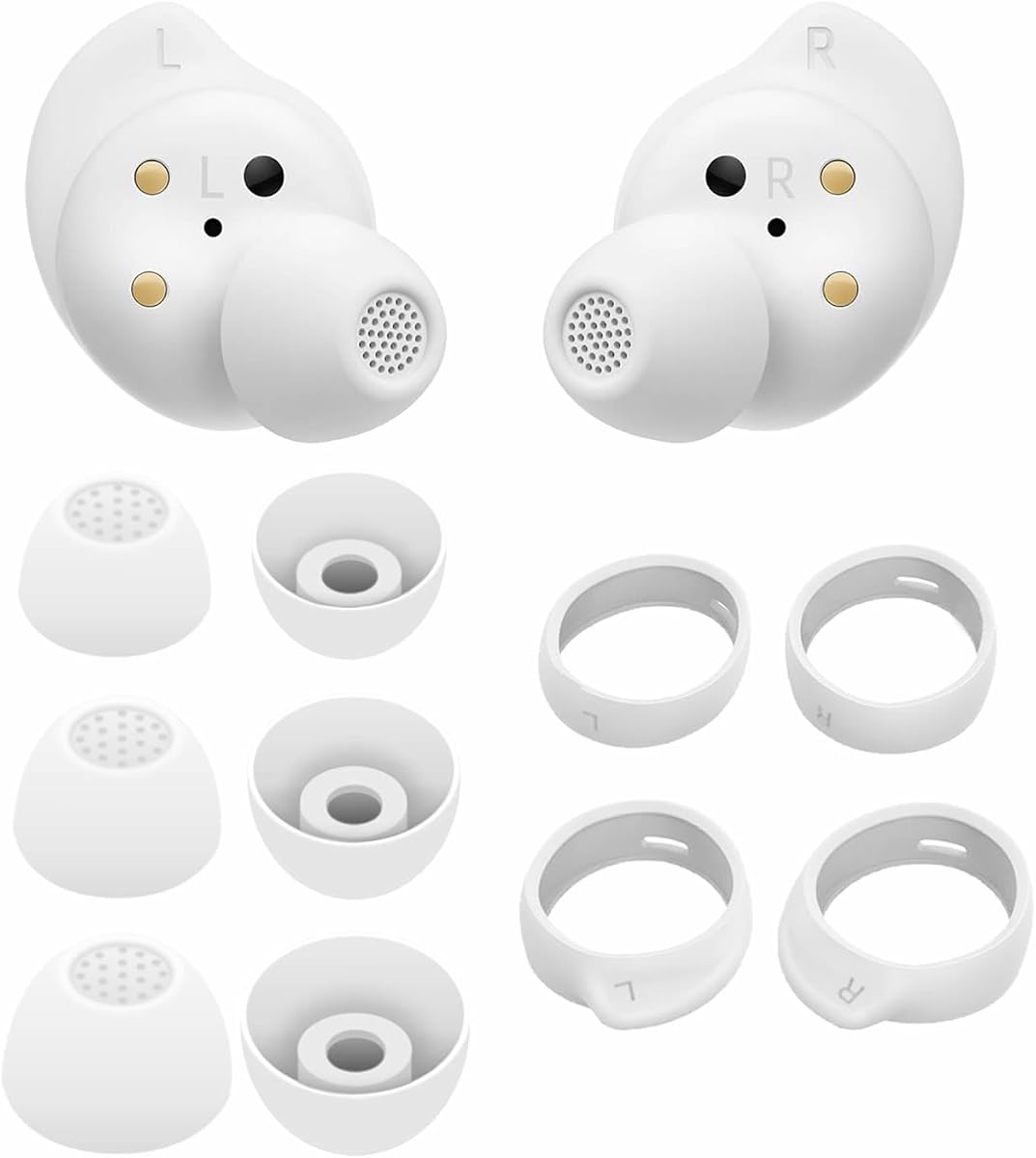 Galaxy Buds FE Ear Tips Ear Hooks Kit, 5 Pairs Replacement Fit in Case Silicone Earbuds Earplug Anti Slip Sport Outdoor Wings Compatible with Samsung Galaxy Buds FE 2023 - White