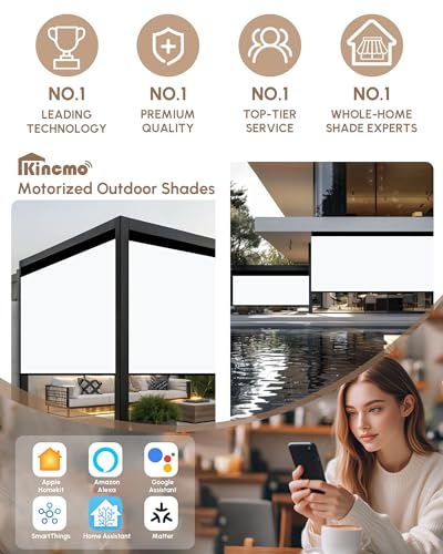Image of Kincmo Motorized Outdoor Shades for Patio Porch, Custom Outdoor Motorized Blinds with Remote, Waterproof & Windproof Patio Shades Work with Apple Home,Alexa,Google (White-0% Openness)