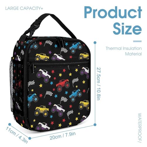 Backpack Bookbag Set Race Monster Truck Backpack with Lunch Bags and Makeup Bag Shoulder Bag with Lunch Box Storage Bags4