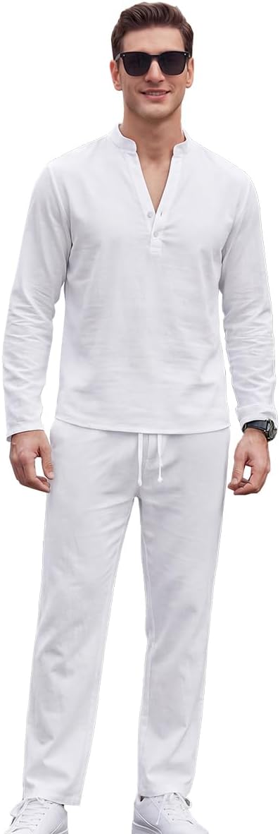 Men's 2 Pieces Cotton Linen Outfit Summer Beach Long Sleeve Henley Shirts and Loose Pants Sets