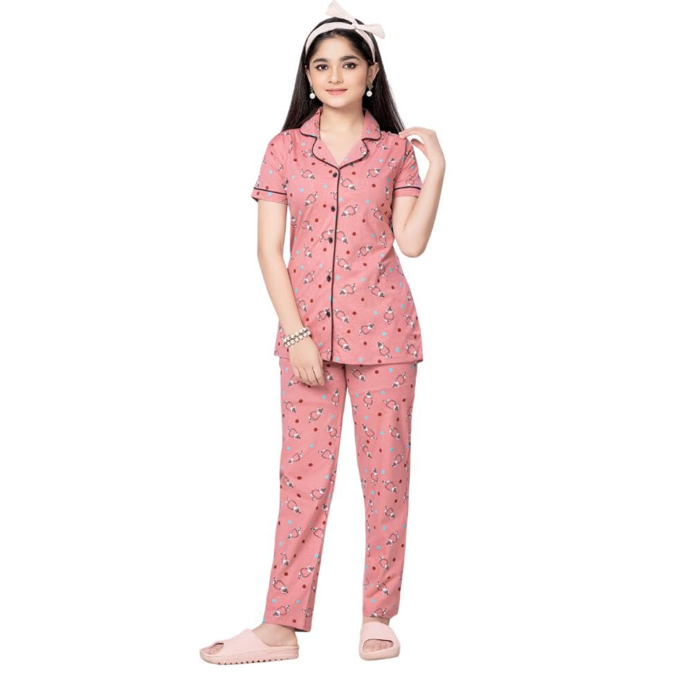 BLOEM Cotton Printed Nightwear Shirt & Pyjama Set for Girls | Nightsuit for Kids Girls
