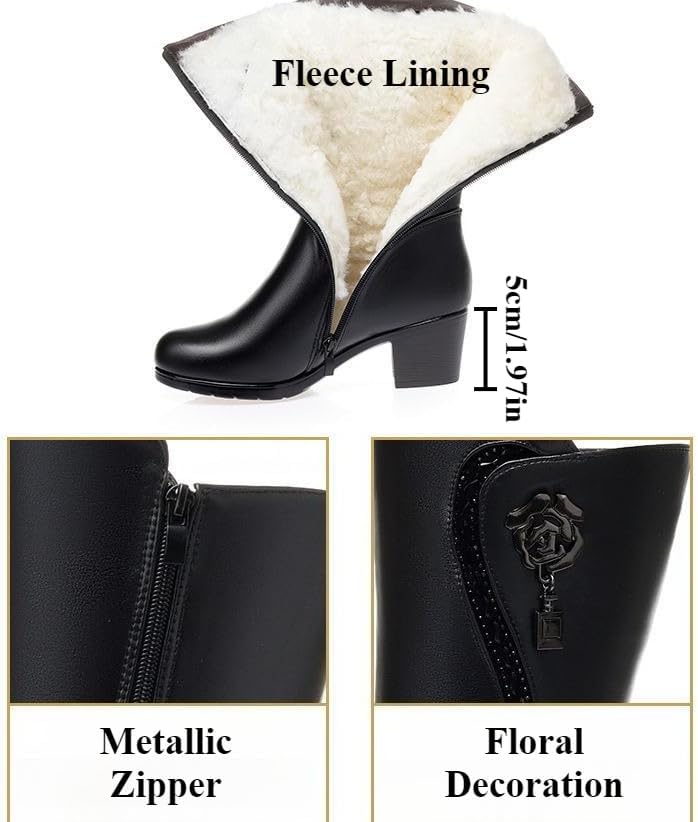 Women's Wool Lined Warm Winter Comfort Mid Block Heel Boots Anti Slip Zip Chunky Heel Fashion Classic Mid-calf Boots Snow Boots - Image 4