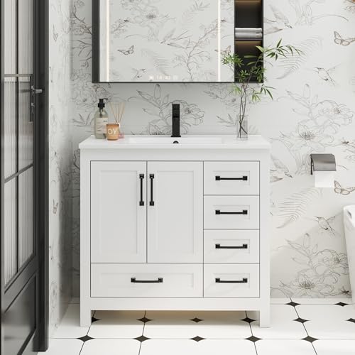 eclife 36' Bathroom Vanities with Sink Combo, Modern Thickened Wood Bathroom Storage Cabinet w/Undermount Sink, Matte Black Faucet Drain, Painted Surface, White