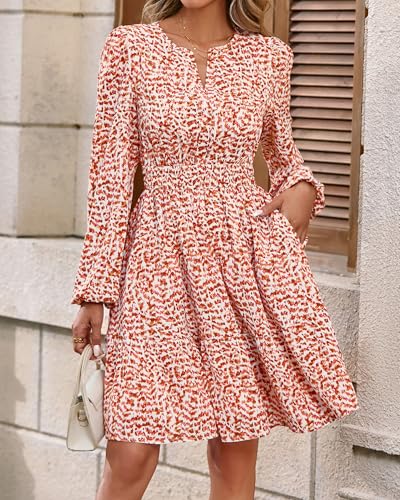 BTFBM Fall Dresses for Women 2025 V Neck Long Sleeve Elastic Waist Boho Beach Vacation Clothes Floral Mini Summer Dress2