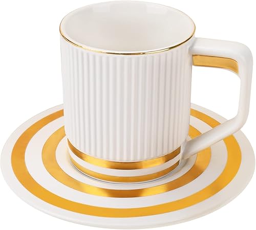 Koythin Taza de café de cerámica, taza creativa con platillo de borde dorado, taza de café novedosa con agarre cómodo para la oficina y el hogar,