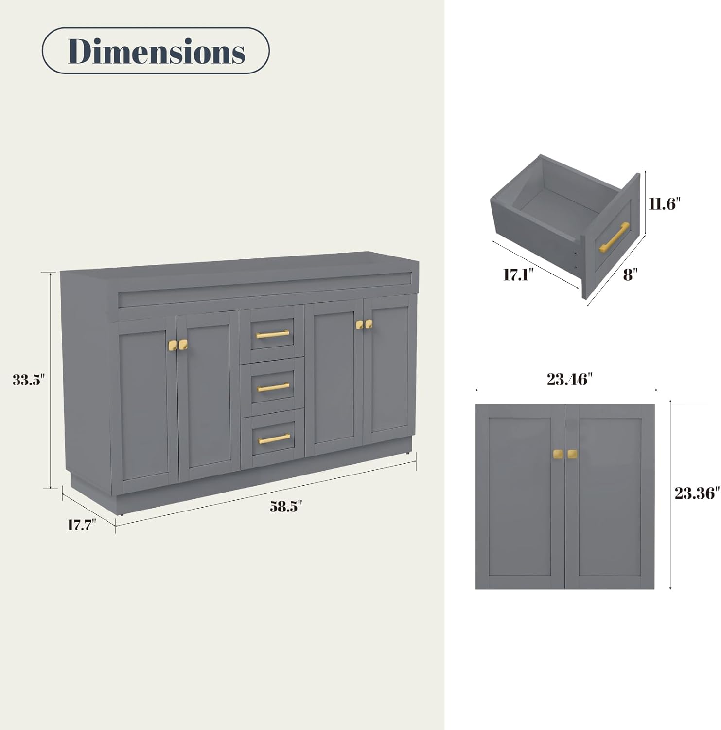 60" Bathroom Vanity Without Sink, Storage Design Freestanding Sink Cabinet, Quick Assemble Solid Wood Cabinet, with Metal Handles, 4 Soft Closing Doors | 3 Full Extention Drawers, Grey