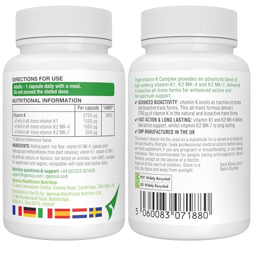 Igennus Hochdosierter Dreifacher Vitamin K Komplex 2700 mcg, Vitamin K1 & K2 (MK-4 & MK-7), bioaktive naturidentische Formen, hochdosiert, Knochen & Herz-Kreislauf-System, Clean Label, 90 Kapseln