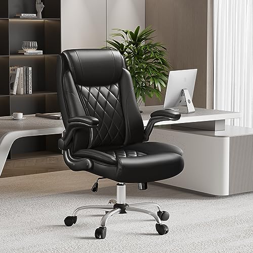 Shahoo Executive Office Chair, Ergonomic High Back with Adjustable Flip-up Armrest, Swivel Leather-Papped Seats with Lumbar Support, Black - Thumbnail 2