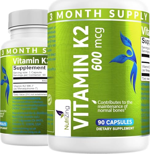 nutrizing k2 vitamin supplement mk-7 - high strength 600mcg - supports bone amp arterial health - 90 vegan capsules - vitamin k2 for men amp women - 3 month supply