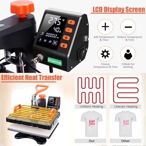 DREAMVAN Heat Press Machine, Upgraded 8 in 1 Heat Transfer Machine, 12" X 15" Digital Industrial Sublimation Heat Printing Combo with 360 Degree Rotation Swing Away for T-Shirt Hat Cap Mug Plate - Thumbnail 4