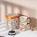 Topadorn Set of 2 Ceramic Coffee Mug for Home & Office, 17oz. Porcelain Latte Travel Cup with Lid and Color Box, Pink Flower Art Tea Mug with Handle, 6.5