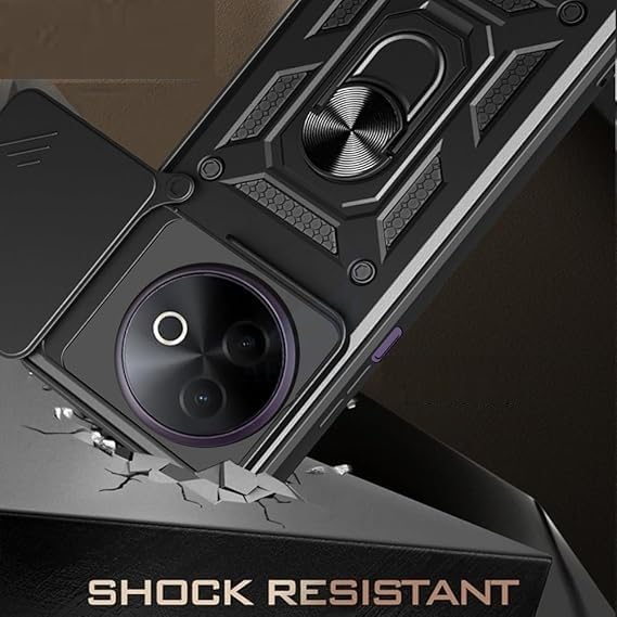 Image of SPAZY CASE Vivo Y39 Back Cover | Heavy Duty Hybrid Case with 360 Degree Rotating Finger Ring Holder + Slider Shutter Camera Protection Case for Vivo Y39 - Black