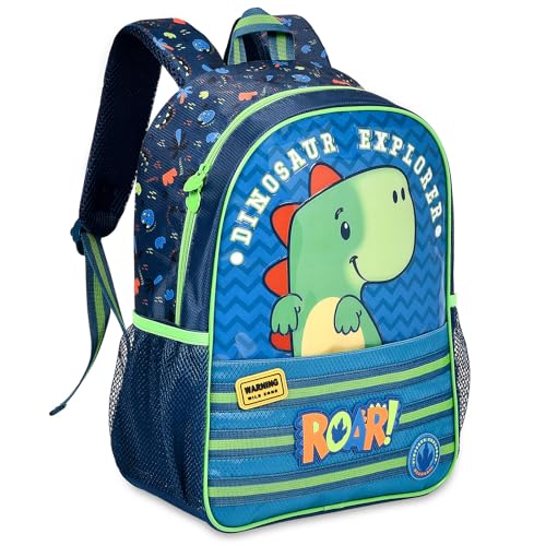Mochila Infantil Escolar Dinossauro Explorer Personagem Divertido ROAR Bolsos Laterais Garrafinha Bolso Frontal Zíper Reforçado Alças Acolchoadas Confortáveis 39x24x12cm Criança Creche
