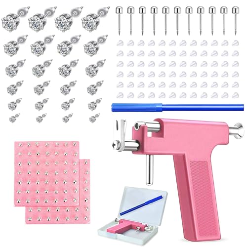 JESMODA 225PCS Ear Piercing Gun Kit Ear Piercing Kit with 12 Pairs of CZ Stainless Steel Ear Stud Earrings Nose Piercing Tools with Multi-Purpose Ear Gun for Salon and Home Use Piercing Pink