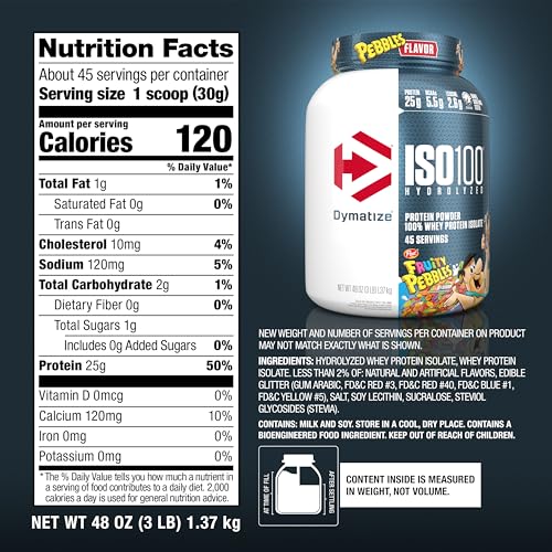 Image of Dymatize x Fruity Pebbles ISO100 Whey Protein Powder Isolate, 25g of Protein, 5.5g BCAAs, 120 Cal., Gluten Free, 1g Fat, 1g Sugar, 2g Carb (45 Servings)