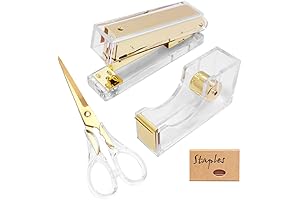 Stationary Gold Desk Organizer and Office Supplies with Scissors, Stapler & Tape Dispenser