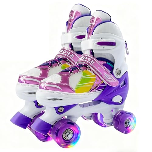 Adjustable Roller Skates for Boys Girls Ages 3-12, All 8 Wheels of Roller Skates Light Up with Protective Gear Set Gift for Youth Kids Indoor & Outdoor Beginners