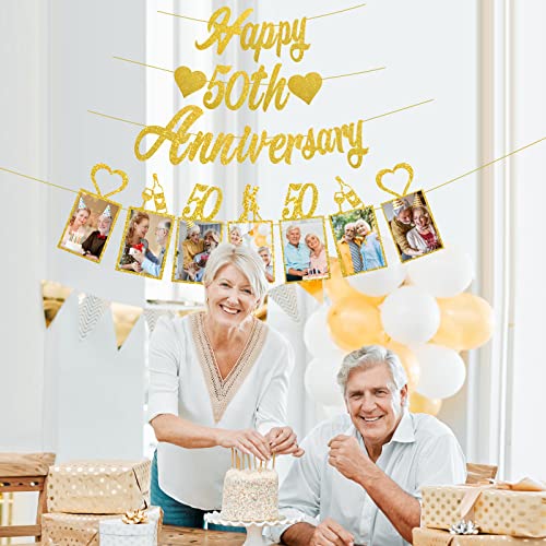 Pimvimcim Gold Glitter 50Th Anniversary Banner Decorations, Happy 50Th Wedding Anniversary Banner And Photo Banner Party Supplies, 50 Year Anniversary Party Picture Banner Decor #TOP5