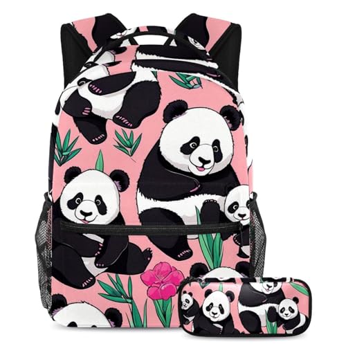 Lot de 2 cartables multicolores avec imprimé panda mignon sur fond rose
