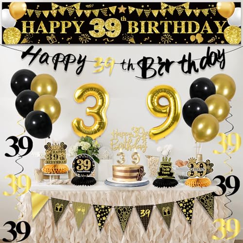 Image of 39th Birthday Decorations for Men, Black Gold 39th Party Decorations | 27pcs Happy 39th Birthdays Set: Banner, Honeycomb, Balloons, Gold Number, Candle, Hanging Swirls, Cake Topper, Party Supplies