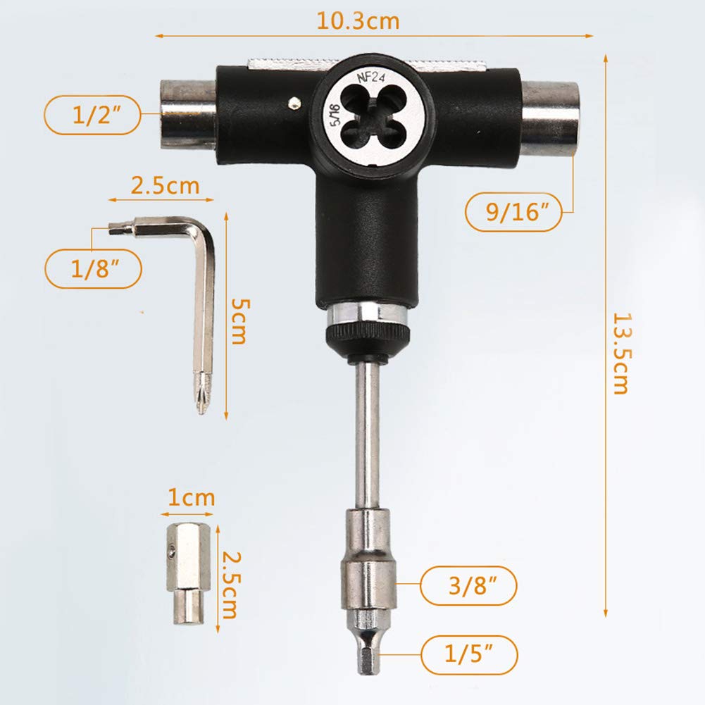 Skateboard T Tool, Tragbares Skate Werkzeug mit Ratsche, All-in-One Skateboard T-tool, Schraubenschlüsselset mit Inbusschlüssel, für Roller, Skateboard