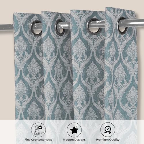Image of haus & kinder Printed Jacquard Window Curtain 5 Feet Long Pack of 1 Window Curtain, 5 Feet Curtain for Window (Ornate Symphony, Aqua Design 130x152 CM)