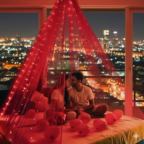 Image of Shimmers Red Net Curtain Decoration Set 4x8 Ft with Ribbon and Hooks, Backdrop Kit for Birthday, Wedding, Ganpati Decoration Photo Booth,Pack of 6 Pieces