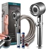 MENZZA® Kit Alcachofa De Ducha Con Filtro De 15 Etapas + Manguera De 1,5M I Cabezal Ducha Alta Presion 4 en 1 Con Botón Stop y 1 + 2 Filtros Antical De Repuesto I Cabezal Masaje + Exfoliacion Capilar.