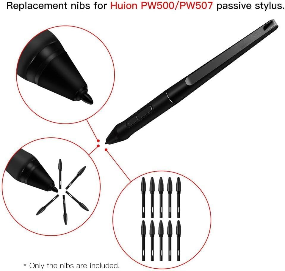 10 Pcs Stylus s Pen Nibs Tips Replacement for HUION PN05 for Digital Pen PW500 PW507 for Graphics Tablet Q620M HS611 Kamvas Pro 16/12/13 Kamvas 20