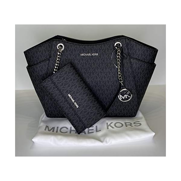 Michael Kors Jet Set Travel Large Chain Shoulder Tote bundled with Travel Trifold Wallet (Signature MK Black)