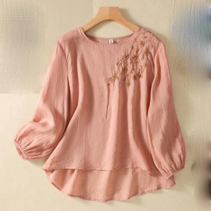 JYHBHMZG Women's Cotton Spring Summer Embroidered Round Neck Long Sleeve Top Retro Loose Pullover Embroidered Blouse Shirt
