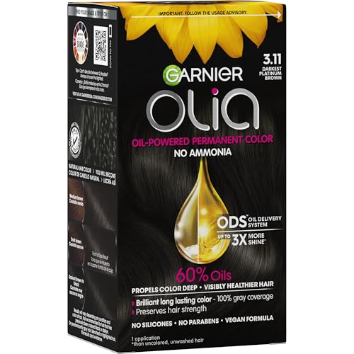 Garnier Olia Hair Color, Ammonia-Free Permanent Hair Dye, Oil-Powered Formula for 100% Gray Coverage and 3x Shinier Hair, Vegan & Cruelty Free, 3.11 Darkest...
