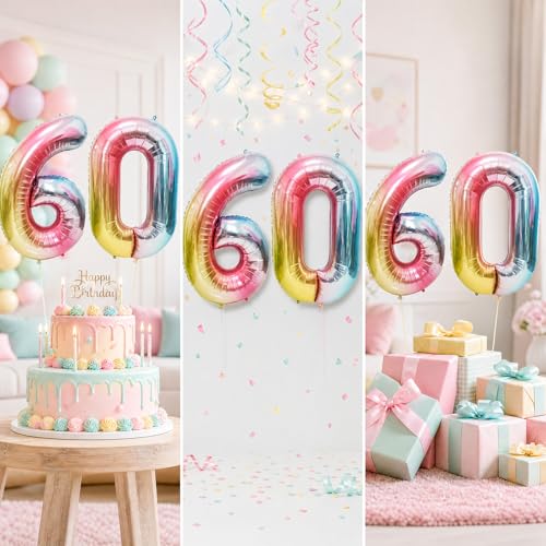 Image of Rainbow Number Balloons Birthday Balloons - Giant Number 60 Balloon 40 inch, Numbers Balloon Birthday Decorations, Rainbow Party Supplies for Baby Shower