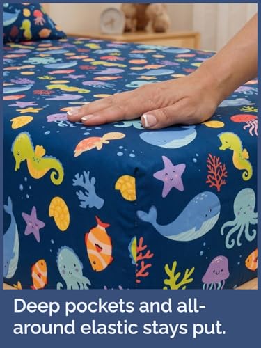 Image of Kids Queen Sea Creatures Bed Sheets - 4 Piece Kids Sea Creatures Sheet Set | Sea Creatures Themed Bedding, Ultra-Soft, Cute & Cozy, Breathable & Machine Washable, Bed Set for Boys, Girls & Teens, Comfy