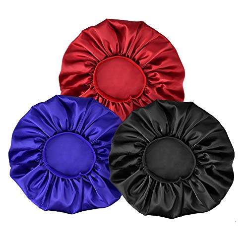 JSY Satin Bonnet Sleep Bonnet Extra Large Wide Elastic Band for Women Sleeping Hair Bonnet (3pcs,black,red,blue)