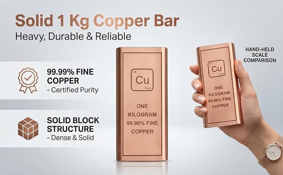 Image of Pure Copper Bar 1 Kg 99.9% Fine Copper Bullion Bar | Pure Copper Ingot (999 Fine) for Industrial, Vastu & Investment Use