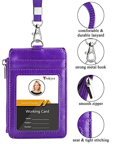 Teskyer Badge Holder With Side Zip Pocket, Multiple Card Slots Leather Id Holder Wallet With Neck Lanyard For Office Staffs, Teachers/Students, Couriers, Workers, Purple #TOP2