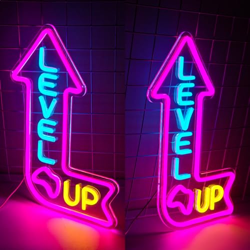 Image of Level Up Neon Sign for Gamer Room, Dimmable Game Neon Sign | LED Gaming Light Up Sign for Man Cave, Game Room, Bedroom, Party Decor, Gifts for Gamers, Boys & Teens, USB Powered