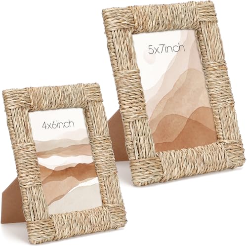 Vicenpal 2 Pack Sea Grass Photo Frames Natural Boho Rattan Photo Frame with Glass Paper Rope for Wall and Tabletop Display Mom Grandma Family Friends Gift