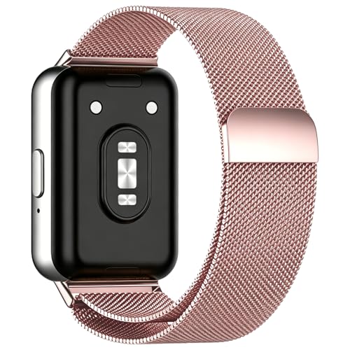 QGH Rose Pink Strap for Samsung Galaxy Fit 3 Stainless Steel Mesh Magnetic Adjustable Milanese Loop Band Metal Replacement Wristband for Men and Women