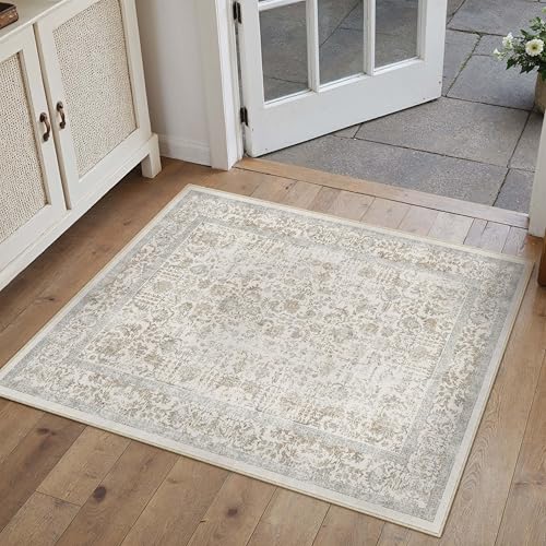 Taupe Entryway Area Rug 2x3 Door Mat Machine Washable Kitchen Vintage Distressed Non Slip Carpet Indoor Retro Floral Accent Throw Small Rug for Bathroom Office Bedroom Dining Living Room