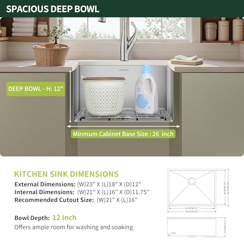 Image of 23-inch Undermount Laundry Utility Sink, SINKVINE Stainless Steel Sink | 23x18x12 Extra Deep Single Bowl for Laundry Room, Garage and Outdoor Kitchen with Bottom Grid, Drain Strainer and Drying Rack