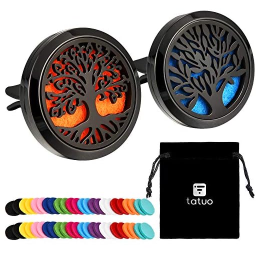 2 Pieces 316L Stainless Steel Car Aromatherapy Essential Oil Diffuser Air Freshener Vent Clip Locket with 48 Pieces Replacement Felt Pad for Christmas Valentine’s Day Giving (Tree Patterns)