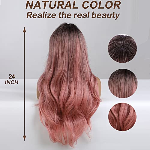 OUFEI 24 Inches Ombre Pink Natural Long Wavy Synthetic Hair Wigs for Women with Dark Roots for Daily Party Cosplay Use - Image 4