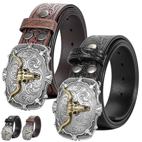 Adjustable Ratchet Western Belt with Western Buckle Mens Vintage Cowboy Leather Casual Printing Belt Christmas Gift