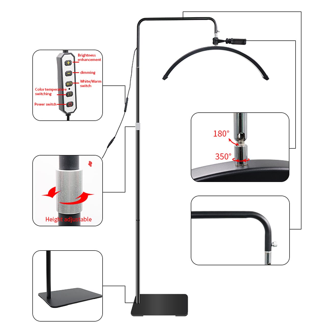 ayex LED Beauty Standleuchte 24 Zoll Lichtbogen für Kosmetik, Wimpern & Tattoo schwarz M6X